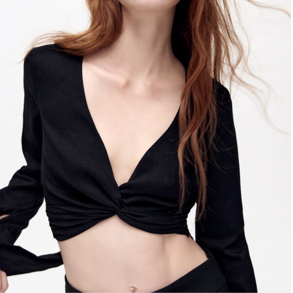 Zara Black Linen blend crop top back tie